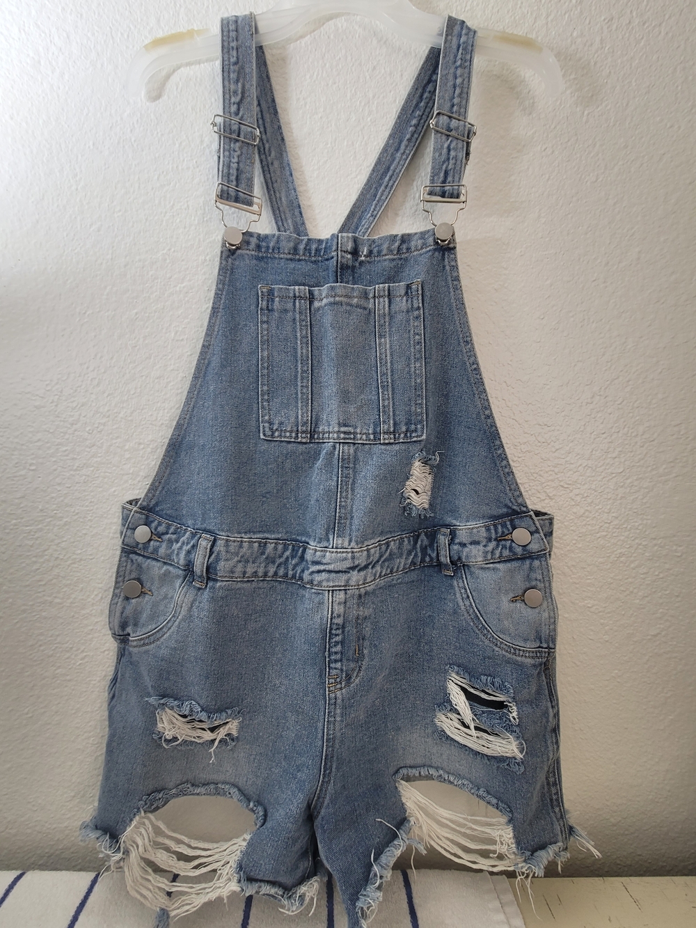 Womens Light Blue Distressed Denim Overalls - Brand Shein